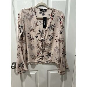 Lulus Floral Front Corset Tie Bell Sleeve Blouse Sz XS NWT Pink